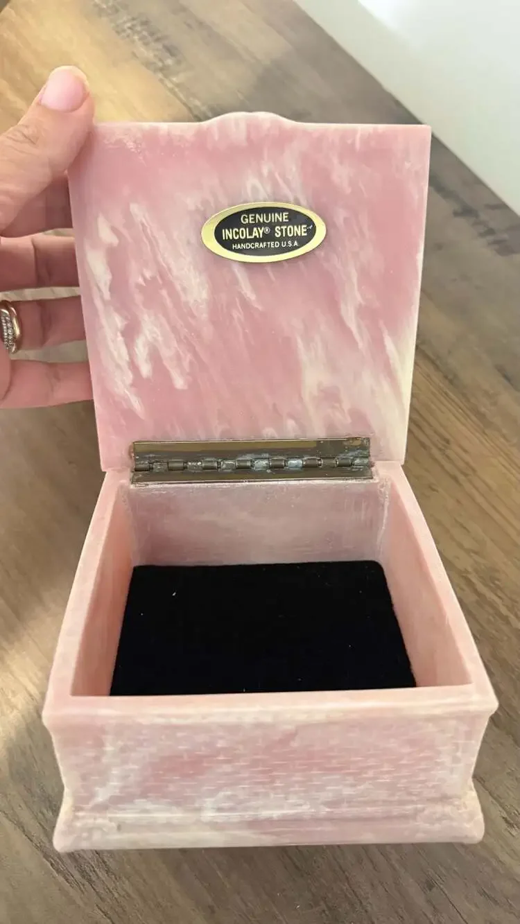 Vintage Incolay Stone Pink Marble Square Jewelry Box with Magnolia Flower Relief